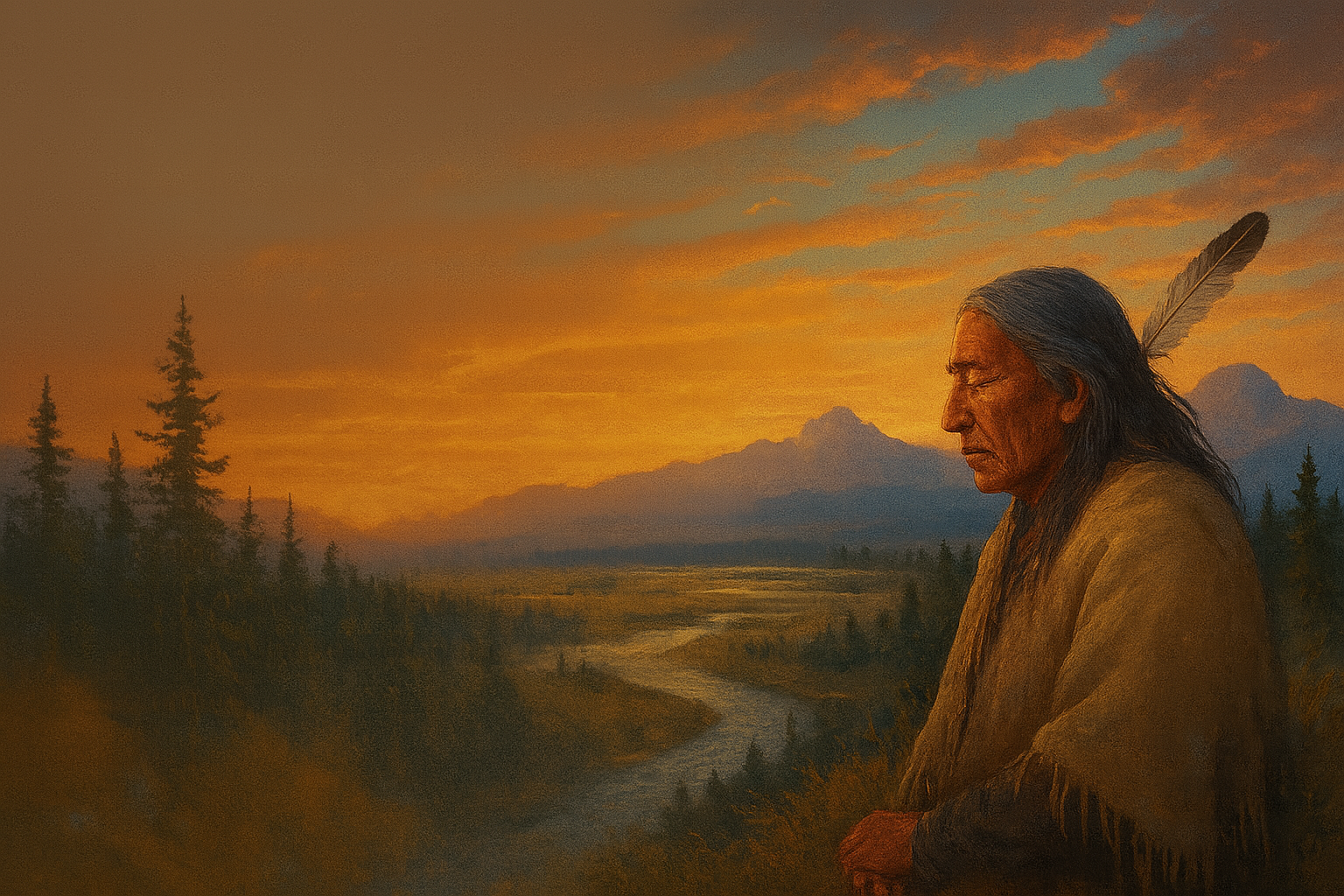 A respectful portrait of an Indigenous elder overlooking a river valley at sunset, symbolizing ancestral connection to the land.