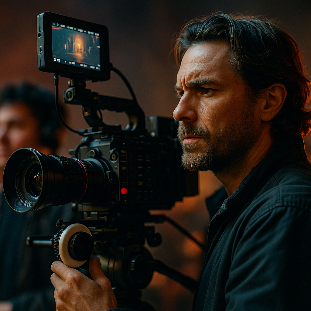 A focused filmmaker operating a professional cinema camera, capturing the energy of a live film challenge.