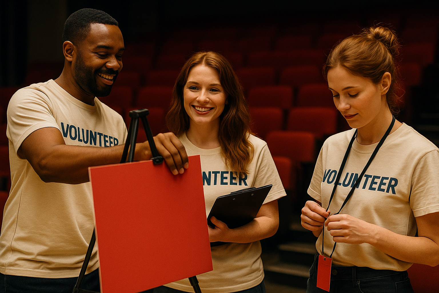 A diverse group of smiling volunteers preparing for an event in a theater setting.